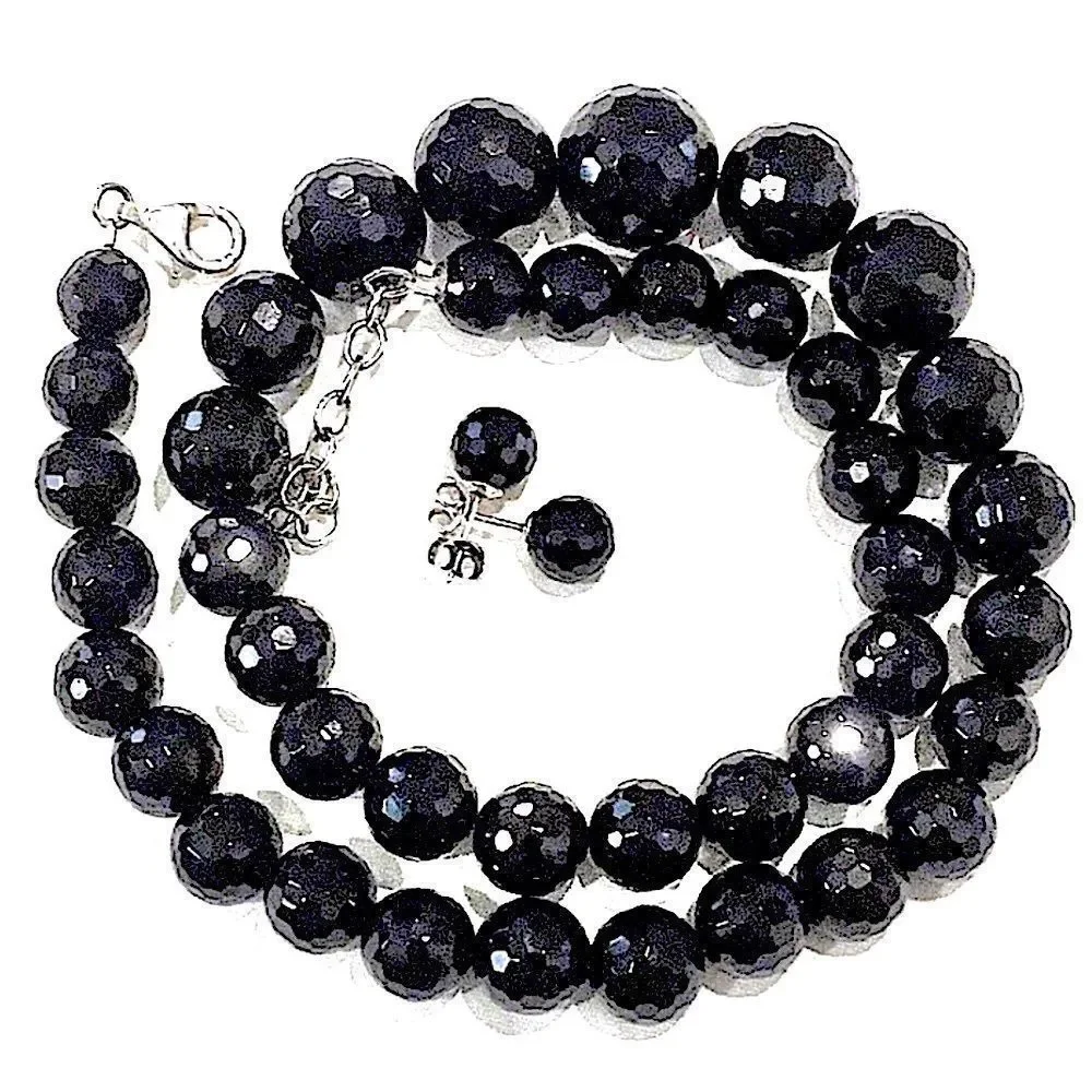 Vintage Black Onyx Faceted Necklace & Faceted Onyx Sterling Silver Earrings Set